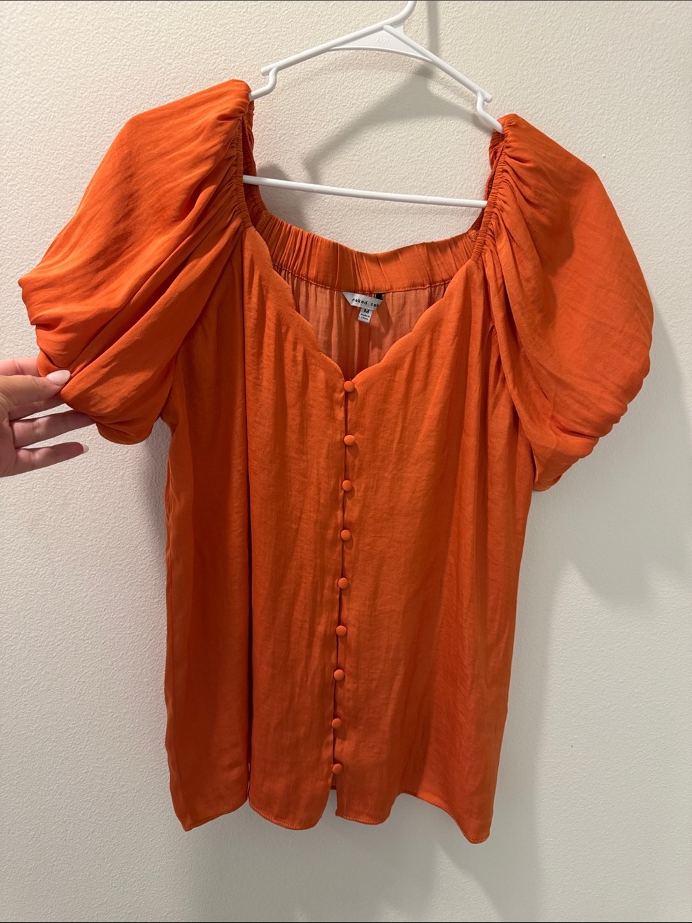 Naked Zebra Orange Puff-Sleeve Button Front Blouse